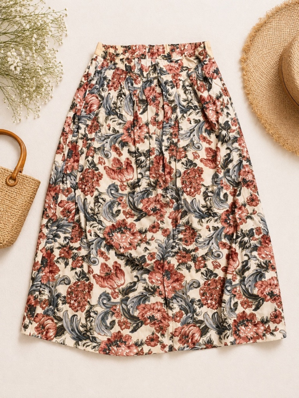 Vintage Floral Midi Skirt Cottagecore Pleated High Waist Romantic